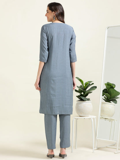 Gray Embroidered Luxe – Self-Jacquard Cotton Co-ord Set (1NH-6-B14)