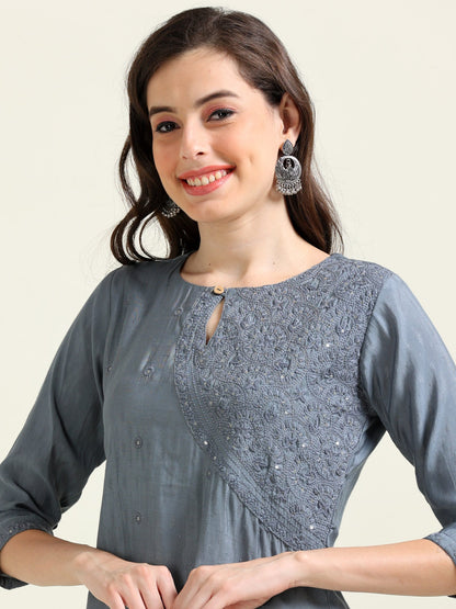 Gray Embroidered Luxe – Self-Jacquard Cotton Co-ord Set (1NH-6-B14)
