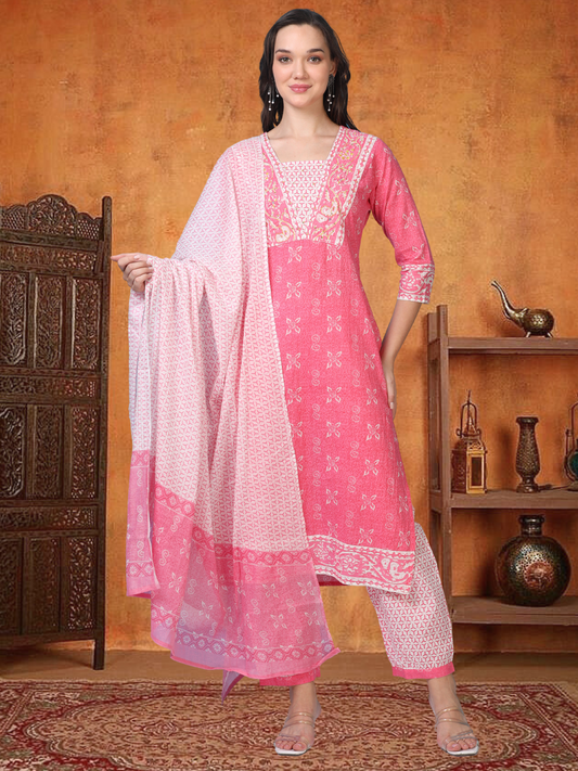 Blush Bloom – Pink Printed Cotton 3-Piece Set (2DF-2-C10)