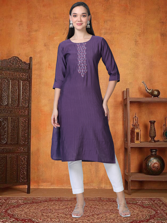Wine Whisper – Embroidered Cotton Straight Kurti (1JD-7-A9)