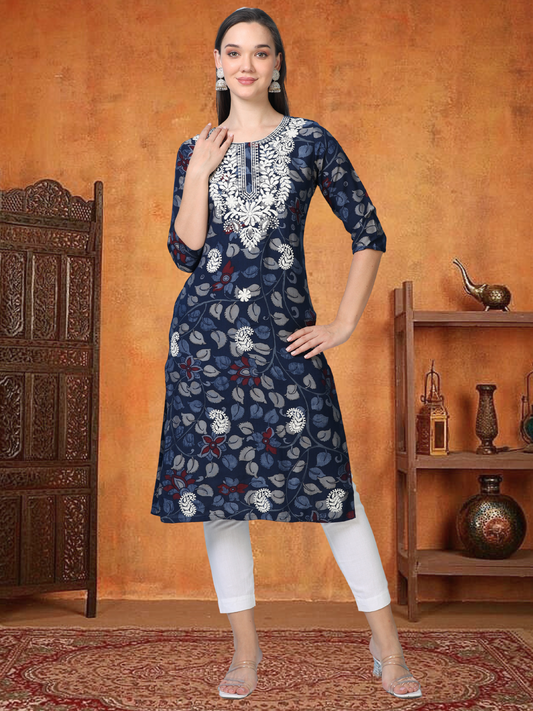 Indie Blend – Navy Blue Kalamkari & Chikankari Cotton Kurti (1NH-6-A12)