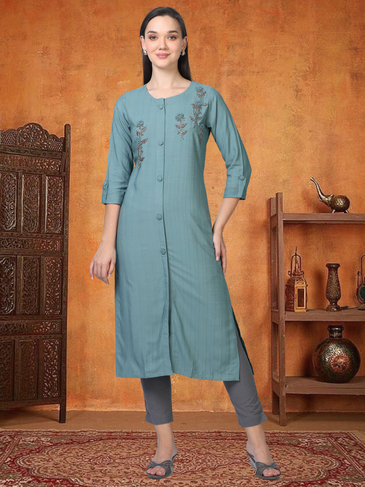 Teal Tadka – Shirt-Style Embroidered Kurti (1KB-6-A11)
