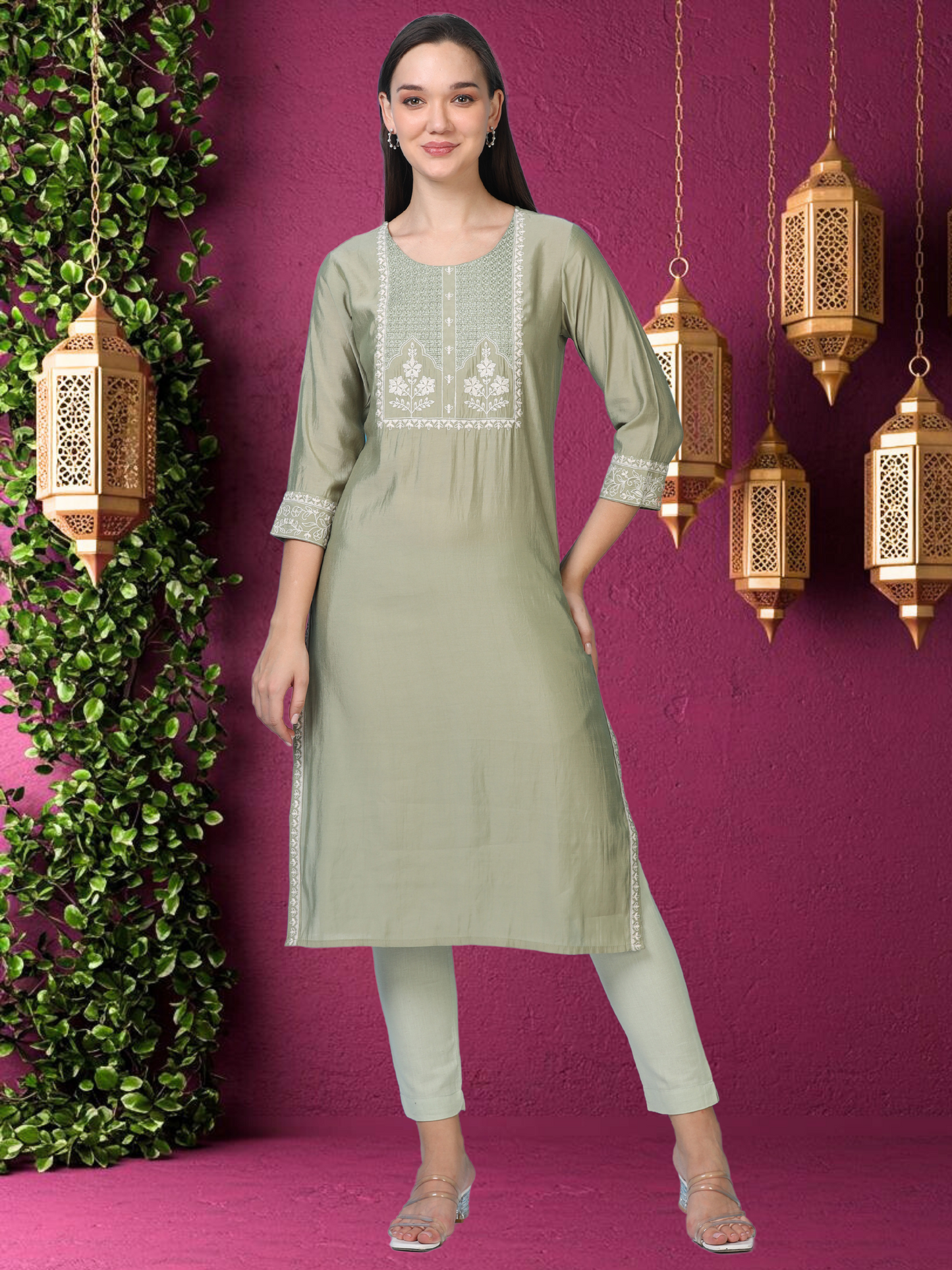 Olive Ease – Light Olive Threadwork Kurti (2AA-5-A10)