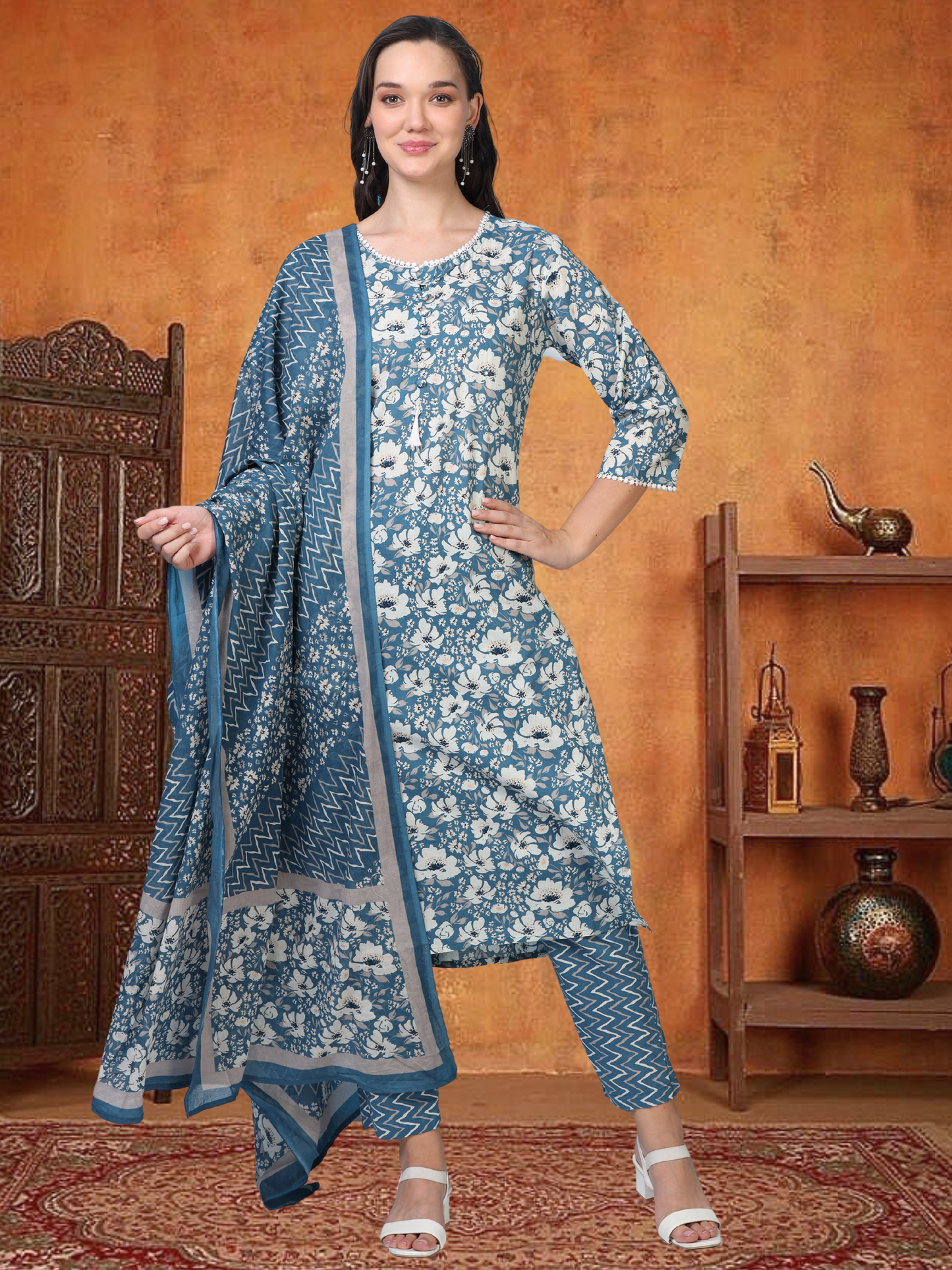 Blue Bloom – Blue & White Printed 3-Piece Set (2TP-6-C19)
