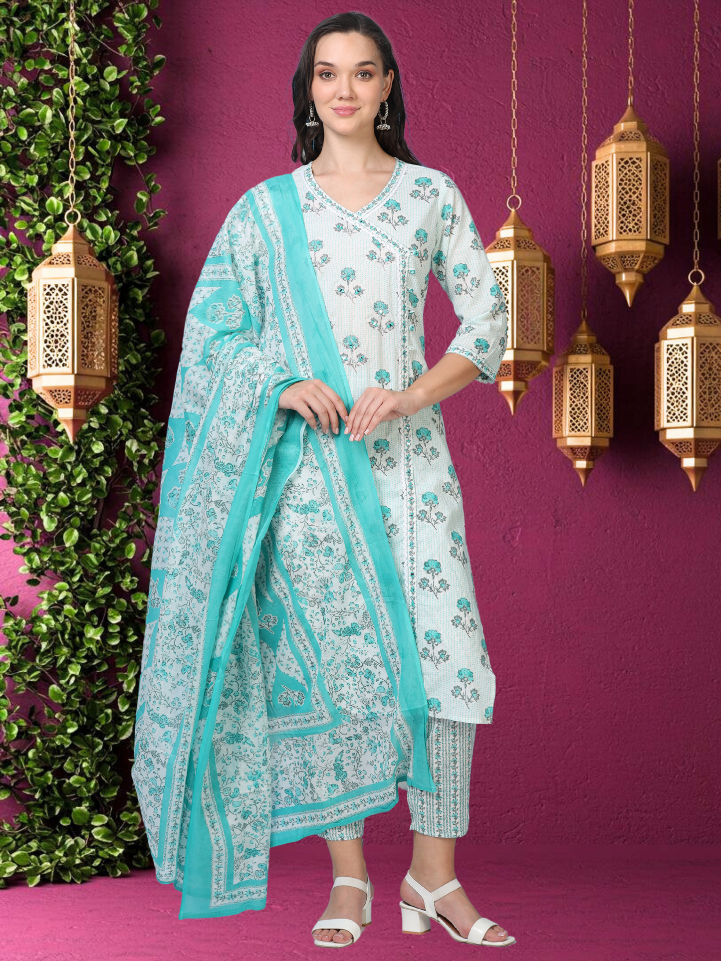 White & Blue Angrakha Cotton 3-Piece Set (2DF-6-C8)