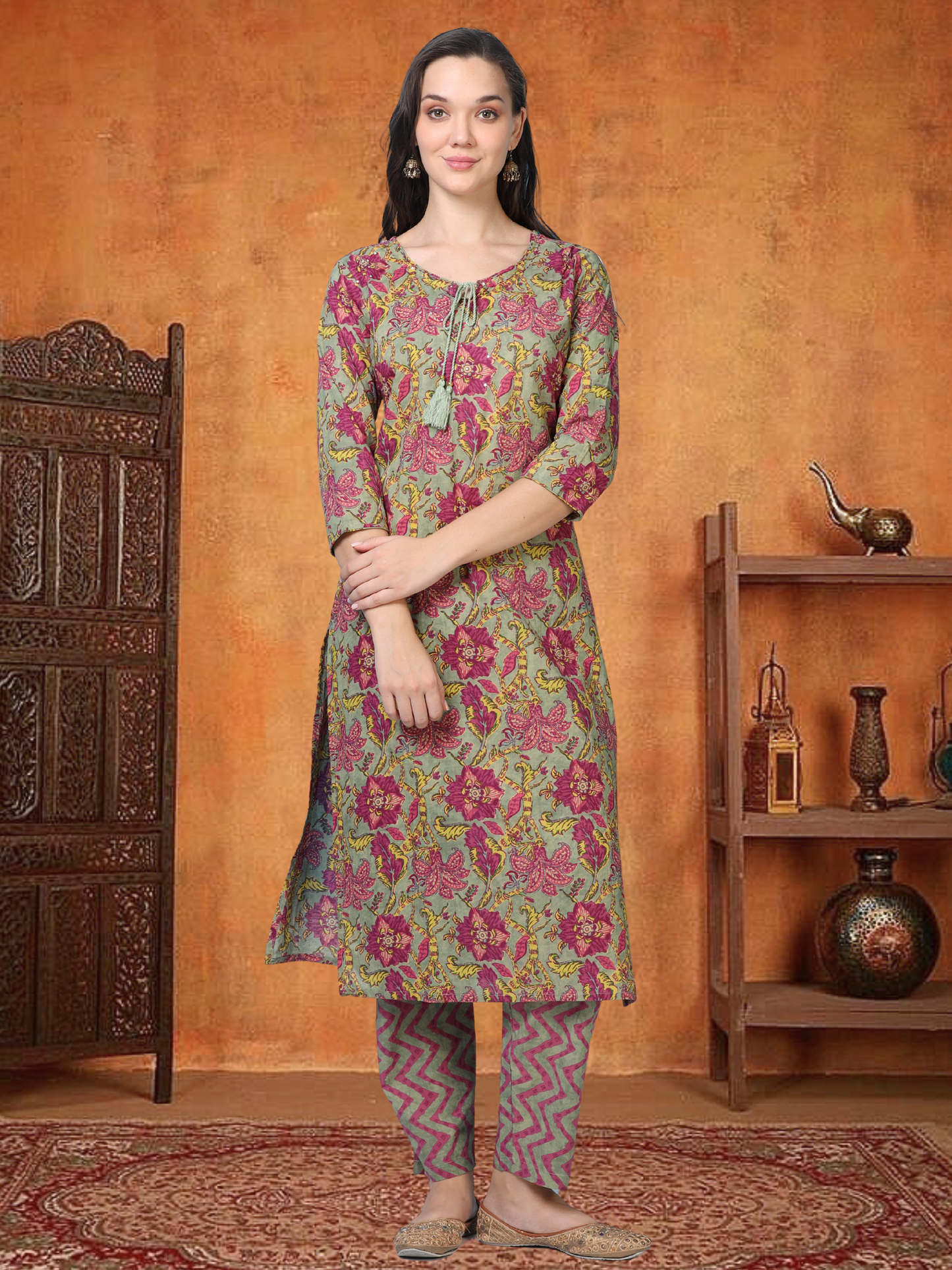 Vintage Chaos – Olive & Red Floral 2-Piece Set (2TP-5-B13)
