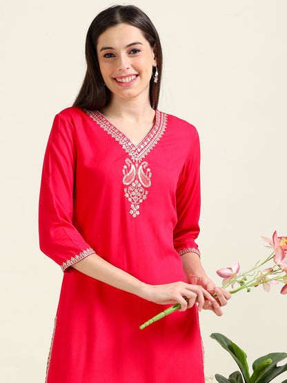 Hot Pink Embroidered Delight – Straight Viscose Kurti  (2AA-2-A4)