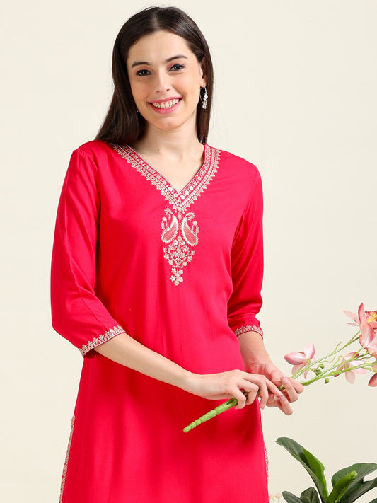 Hot Pink Embroidered Delight – Straight Viscose Kurti  (2AA-2-A4)