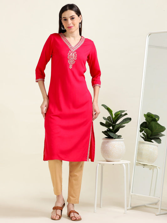 Hot Pink Embroidered Delight – Straight Viscose Kurti  (2AA-2-A4)