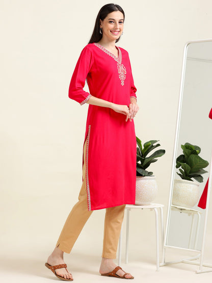 Hot Pink Embroidered Delight – Straight Viscose Kurti  (2AA-2-A4)