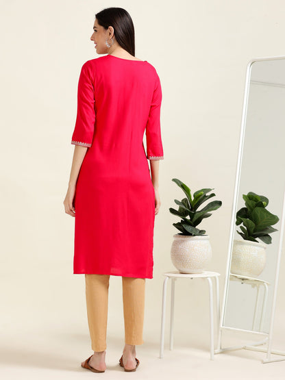 Hot Pink Embroidered Delight – Straight Viscose Kurti  (2AA-2-A4)