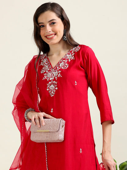 Cherry Red Ethnic Luxe – Viscose-Organza 3-Piece Set (2AA-2-C7)