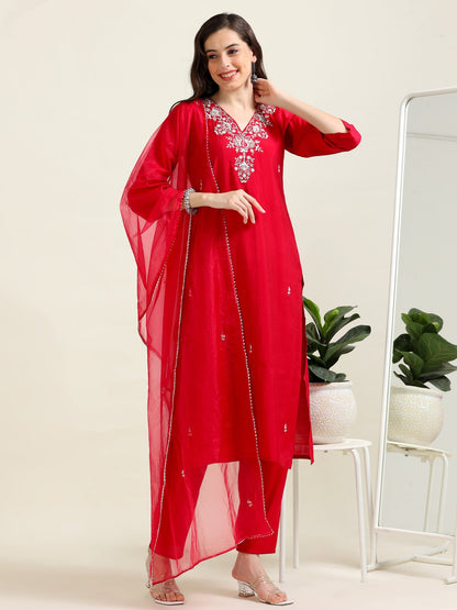 Cherry Red Ethnic Luxe – Viscose-Organza 3-Piece Set (2AA-2-C7)