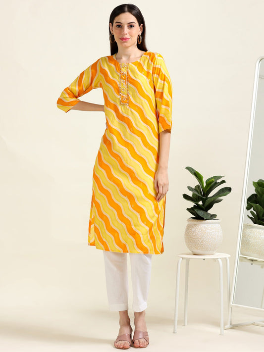 Mango Leheriya Haldi Glow – Silk Blend Straight Kurti (2AA-4- A9)