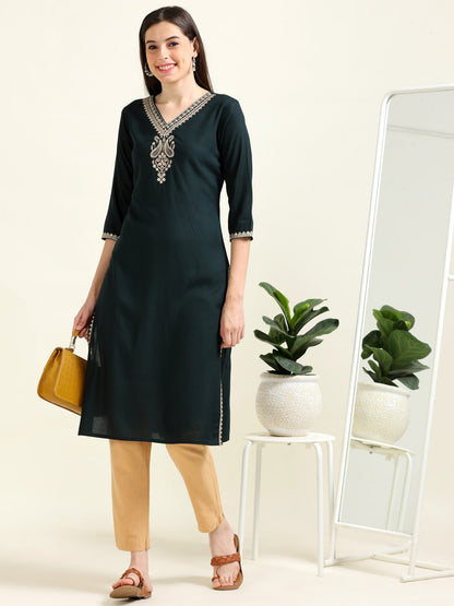 Bottle Green Viscose Dream – Embroidered Straight Kurti  (2AA-5-A5)