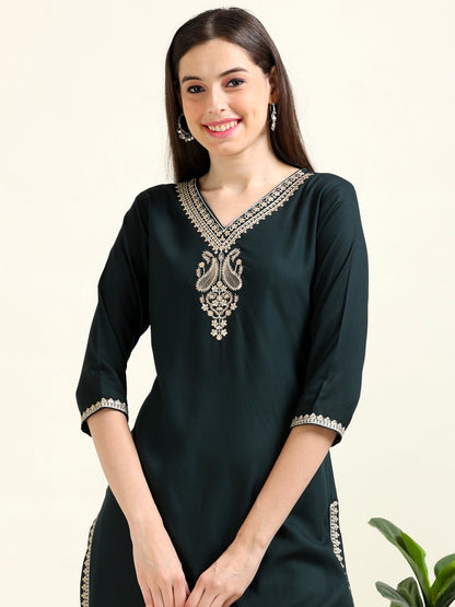 Bottle Green Viscose Dream – Embroidered Straight Kurti  (2AA-5-A5)