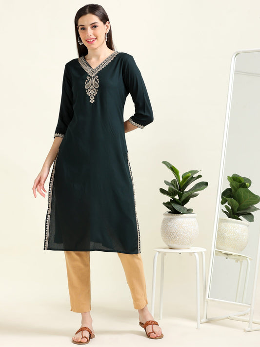 Bottle Green Viscose Dream – Embroidered Straight Kurti  (2AA-5-A5)