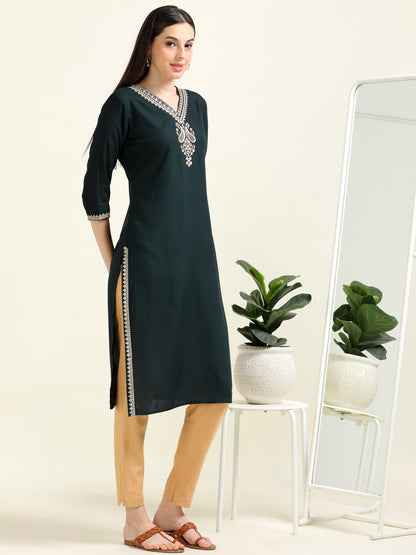 Bottle Green Viscose Dream – Embroidered Straight Kurti  (2AA-5-A5)
