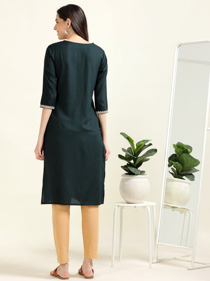 Bottle Green Viscose Dream – Embroidered Straight Kurti  (2AA-5-A5)