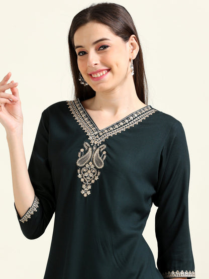 Bottle Green Viscose Dream – Embroidered Straight Kurti  (2AA-5-A5)