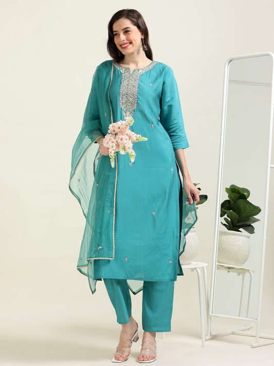 Teal Pearl Dream – Viscose-Organza 3-Piece Set (2AA-6-C6)