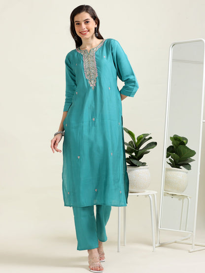 Teal Pearl Dream – Viscose-Organza 3-Piece Set (2AA-6-C6)