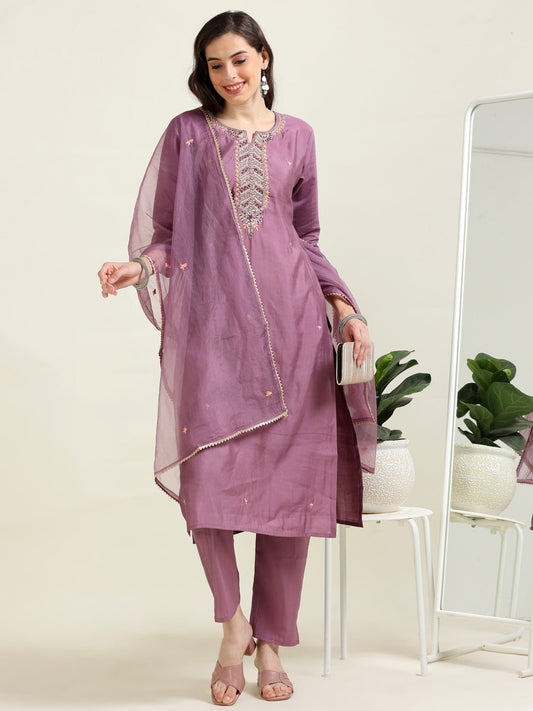 Dusky Mauve Dream – Organza and Viscose Festive 3 piece set (2AA-7-C5)