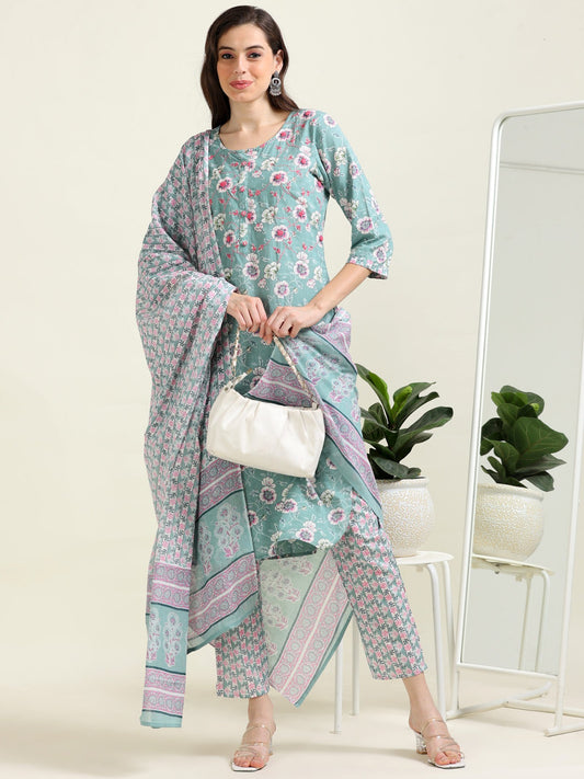 Sea Green Summer Glow – Handworked Cotton 3-Piece Set (2DF-6-C3)