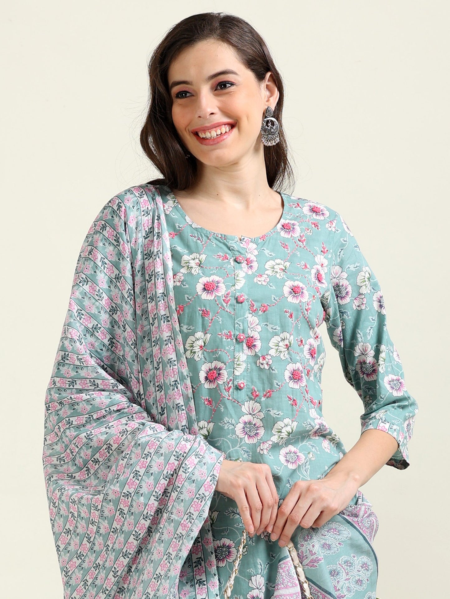 Sea Green Summer Glow – Handworked Cotton 3-Piece Set (2DF-6-C3)
