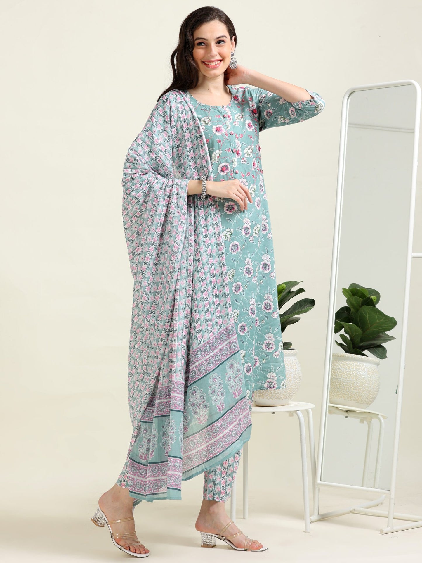 Sea Green Summer Glow – Handworked Cotton 3-Piece Set (2DF-6-C3)