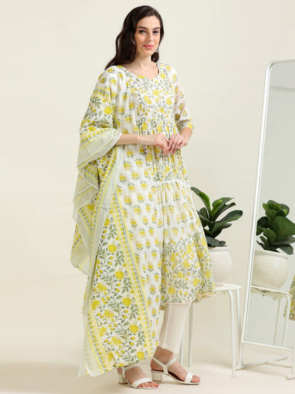 Off-White Brunch Bloom – Anarkali Cotton 3-Piece Se (2DF-9-C5)