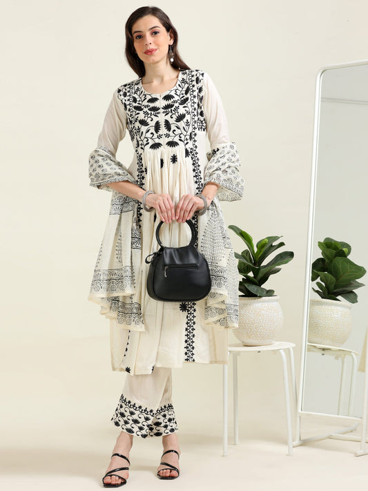 Ebony Threaded Elegance – Off-White Embroidered Cotton 3 piece set (2DF-9-C9)