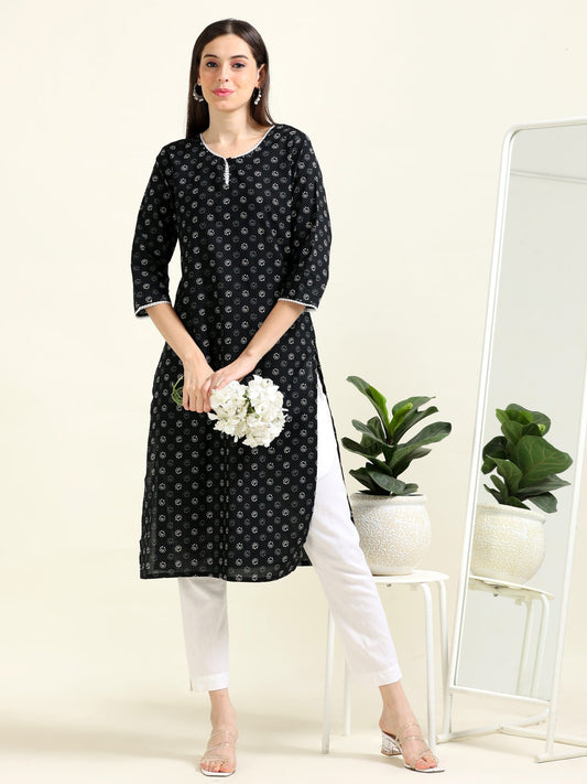 Black Lace Elegance – Printed Cotton Straight Kurti (2TP-0-A3)