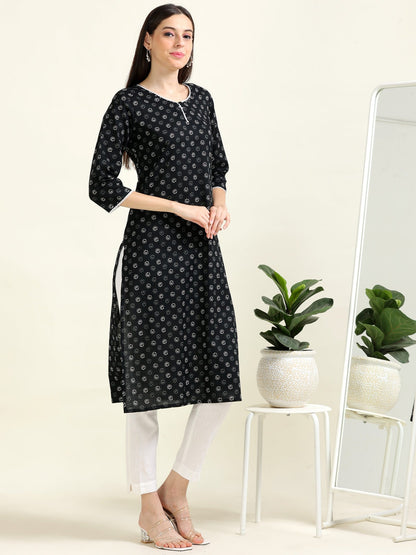 Black Lace Elegance – Printed Cotton Straight Kurti (2TP-0-A3)