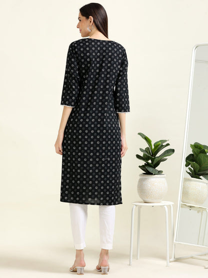 Black Lace Elegance – Printed Cotton Straight Kurti (2TP-0-A3)