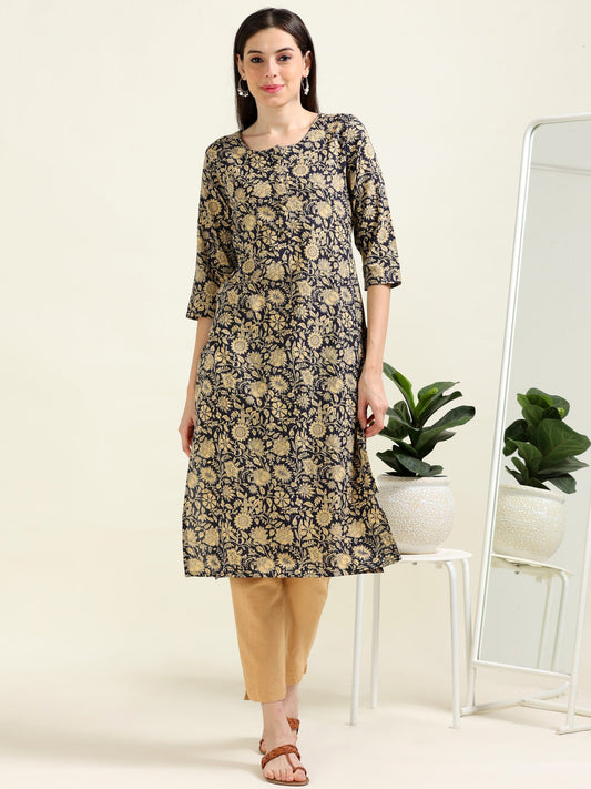 Navy Print Breeze – Cotton Straight Kurti  (2TP-0-A9)