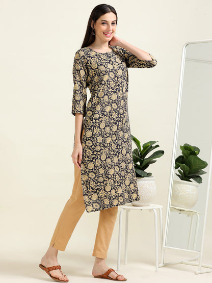 Navy Print Breeze – Cotton Straight Kurti  (2TP-0-A9)