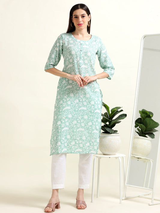 Green Sunlit Stroll – Printed Cotton Kurti (2TP-5-A7)