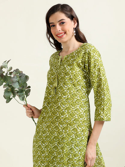 Green Sequined Glow – Cotton Straight Kurti 2-piece Set  (2TP-5-B11)