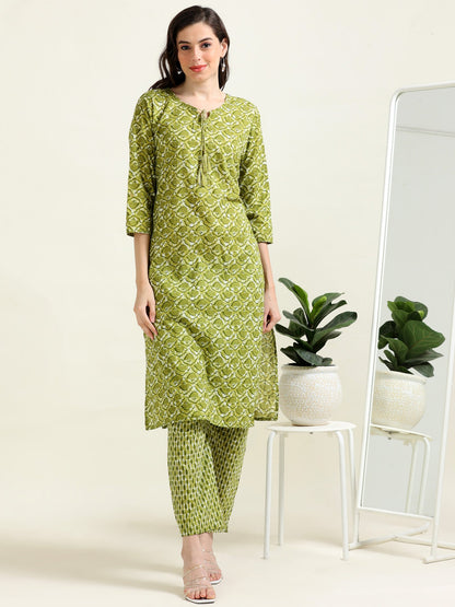 Green Sequined Glow – Cotton Straight Kurti 2-piece Set  (2TP-5-B11)