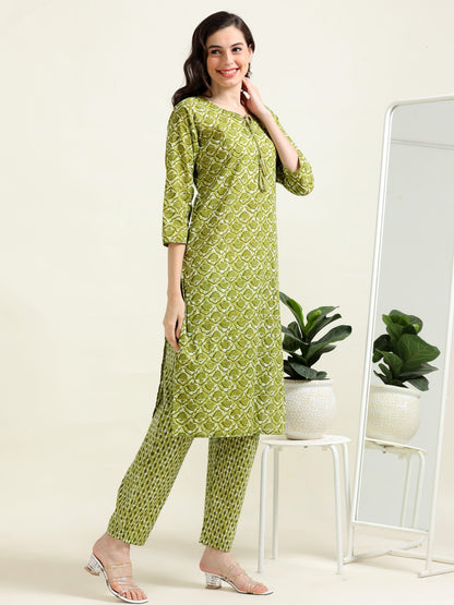 Green Sequined Glow – Cotton Straight Kurti 2-piece Set  (2TP-5-B11)