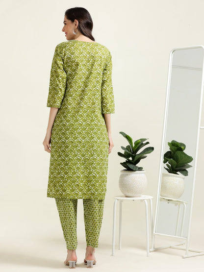Green Sequined Glow – Cotton Straight Kurti 2-piece Set  (2TP-5-B11)