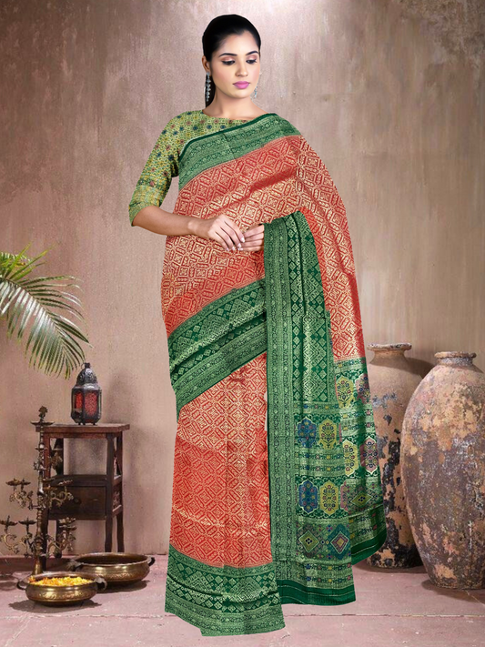 Red-Green Harmony – Satin Brocade Saree with Meena Kari (R-G-519004)