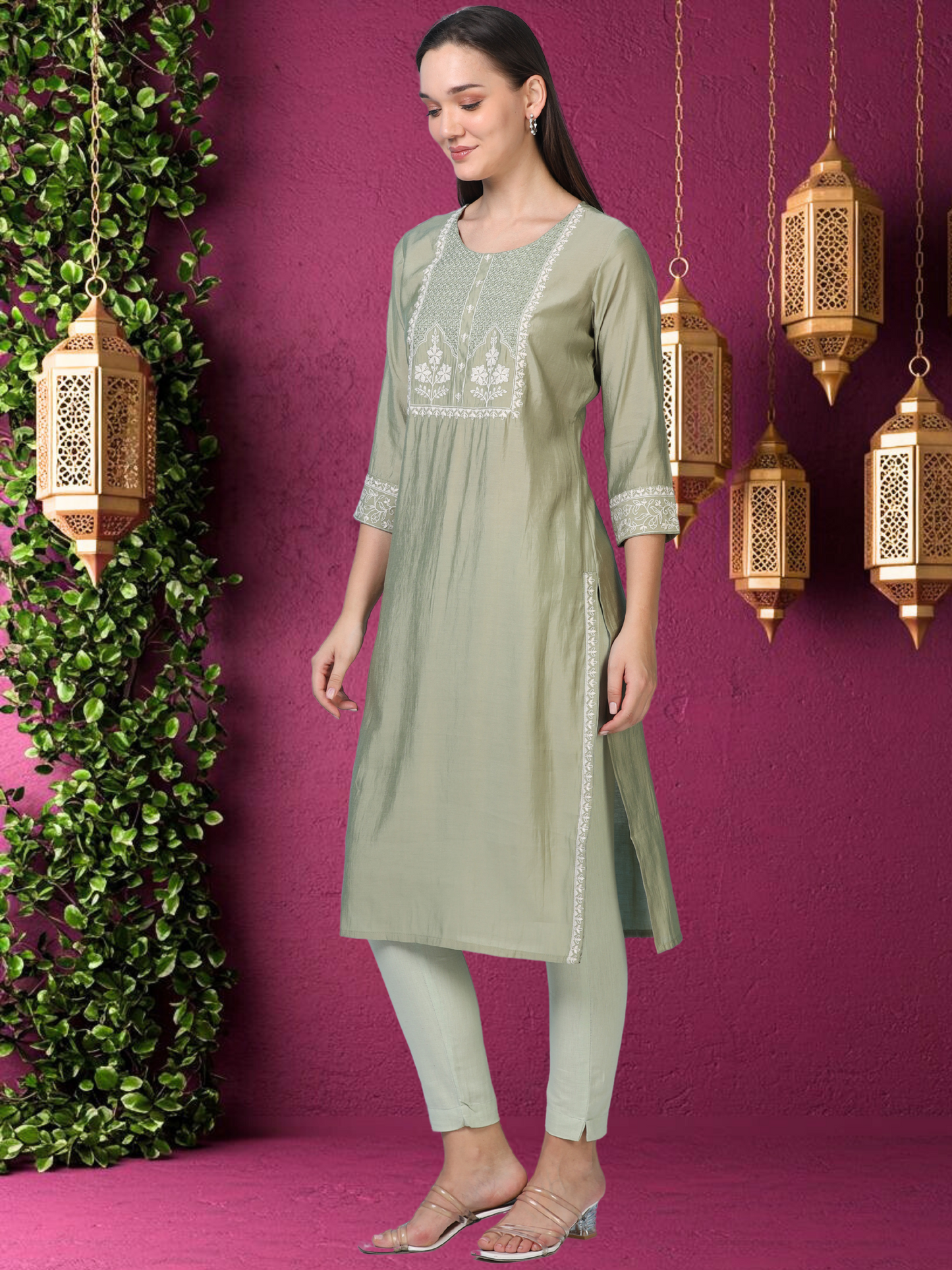 Olive Ease – Light Olive Threadwork Kurti (2AA-5-A10)