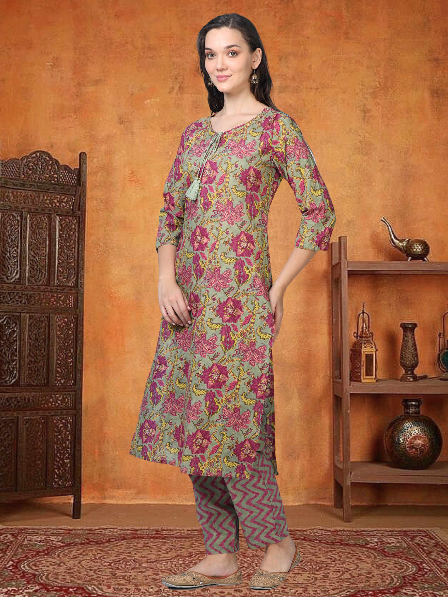 Vintage Chaos – Olive & Red Floral 2-Piece Set (2TP-5-B13)