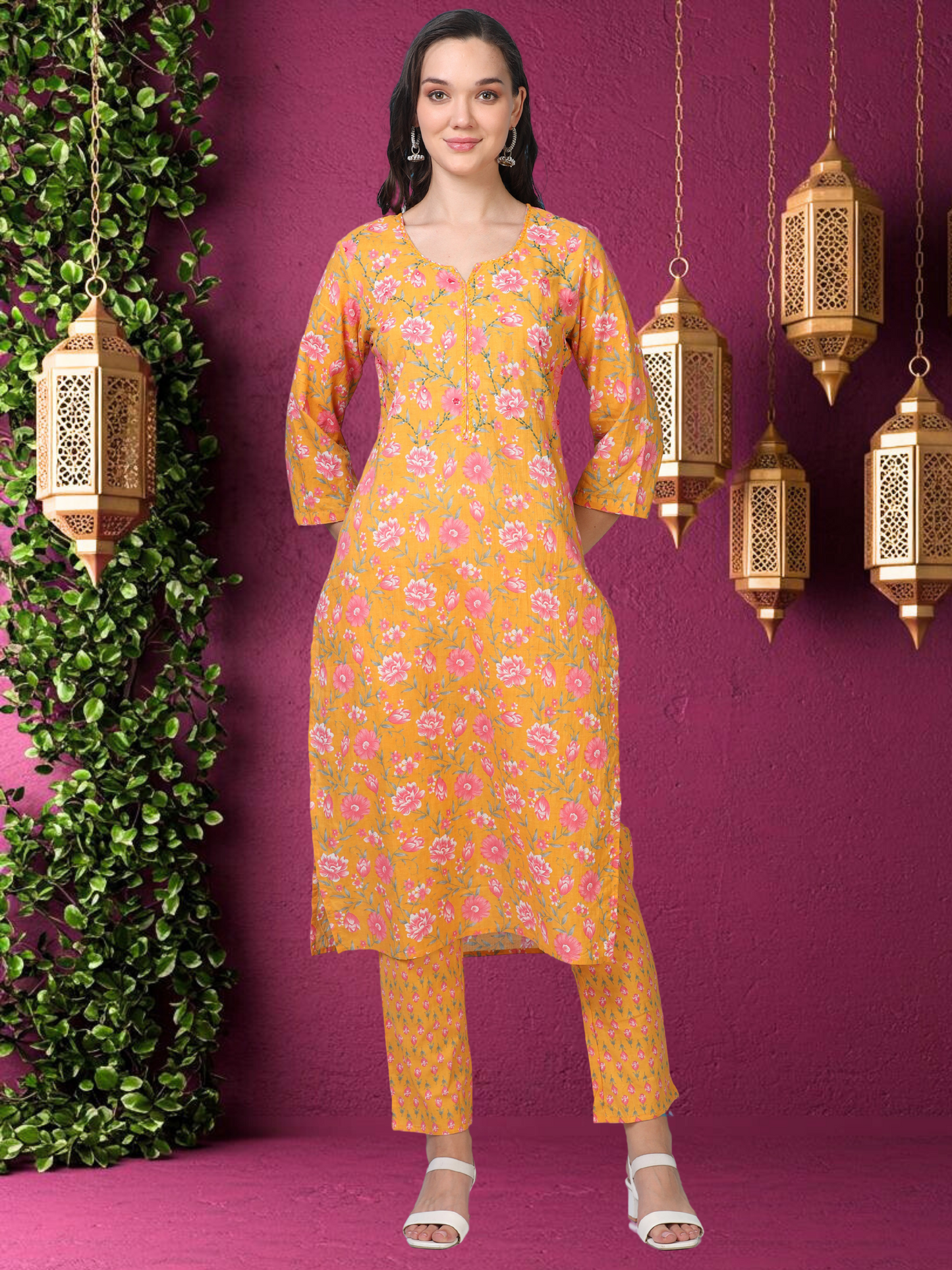 Golden Glow – Mustard Printed Cotton 3-Piece Set (2DF-4-C4)