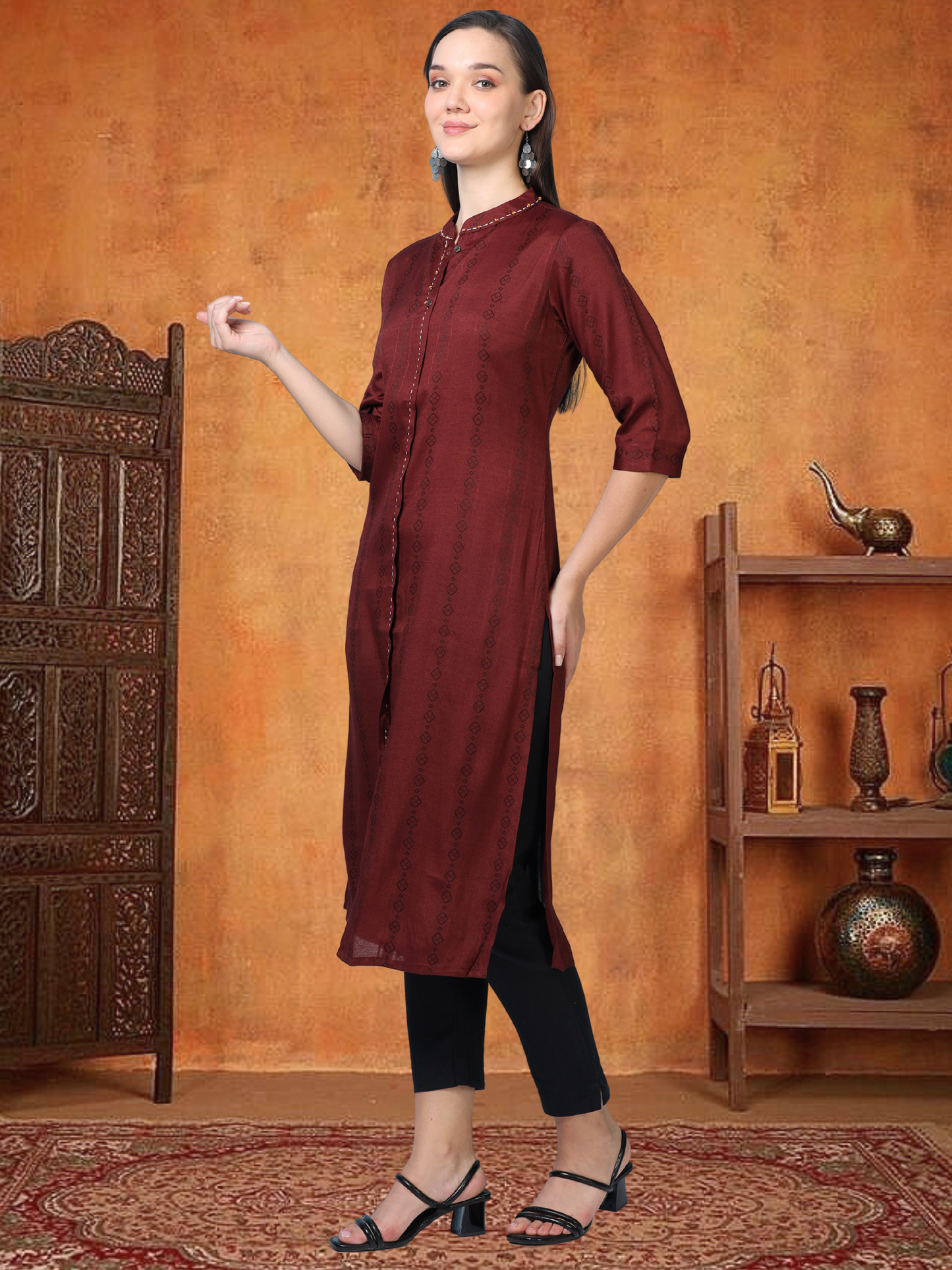 Merlot Muse – Reddish-Maroon Faux Shirt Kurti (1KB-2-A14)