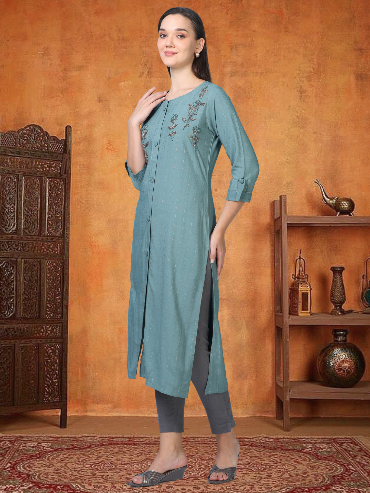 Teal Tadka – Shirt-Style Embroidered Kurti (1KB-6-A11)
