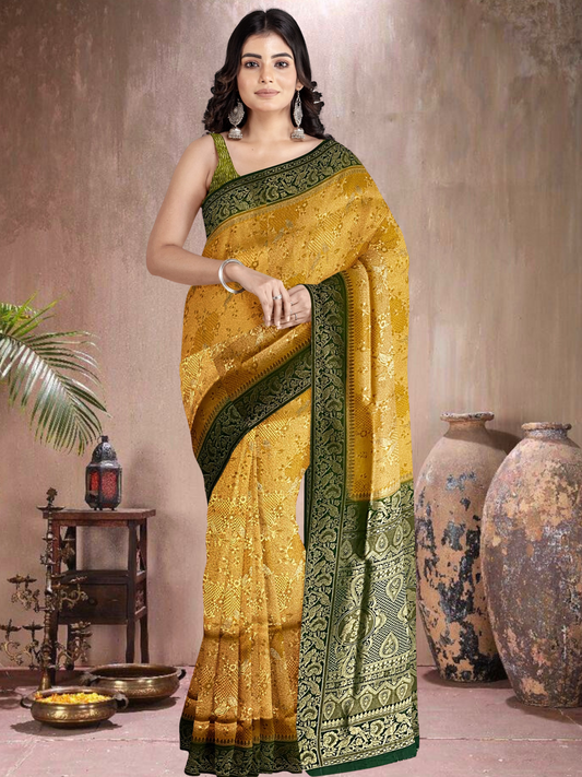 Mustard-Green Charm – Satin Brocade Saree (MU-G-519012)