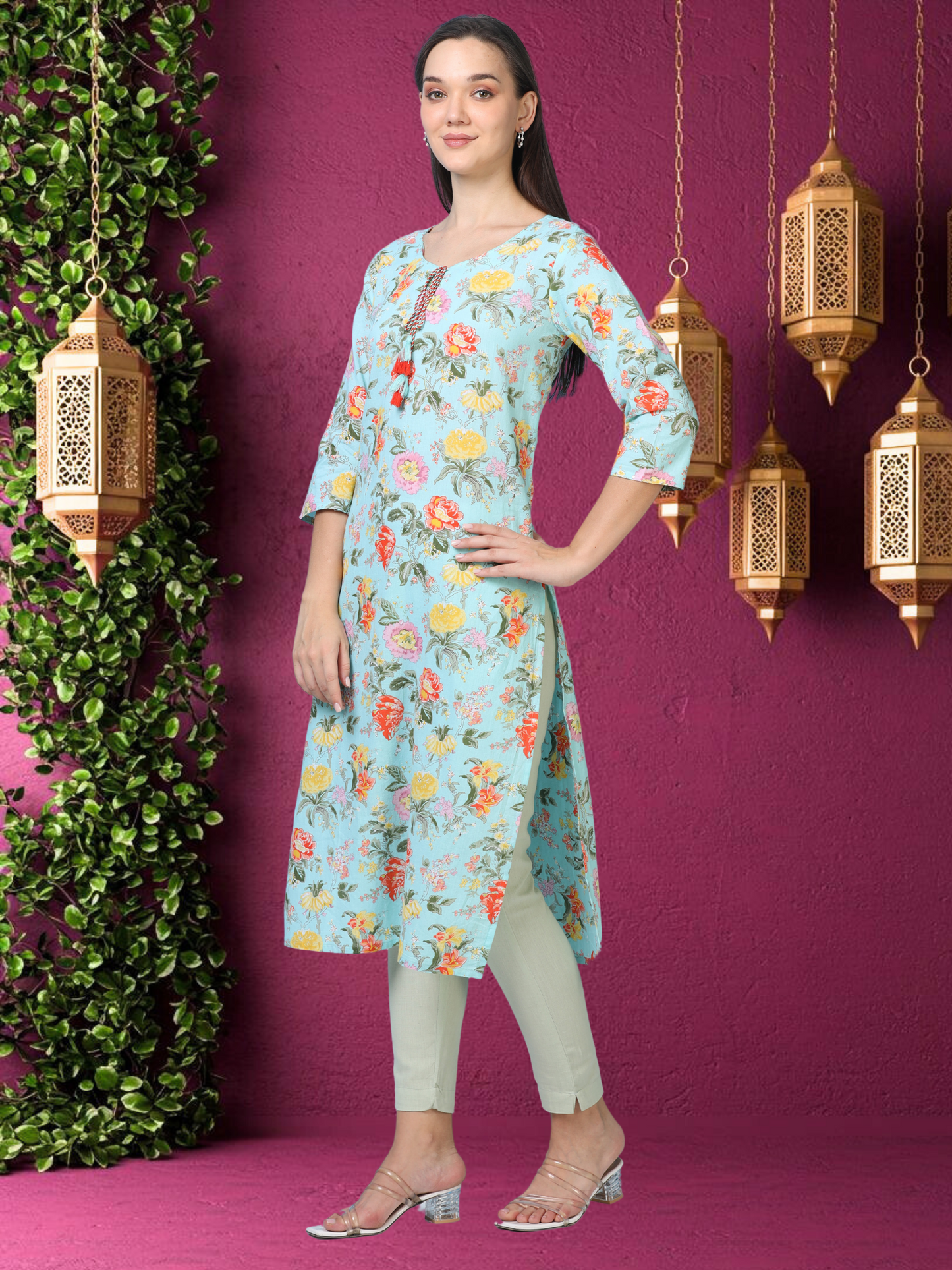 Bloom Flower – Light Blue Printed Cotton Kurti (2TP-6-A6)